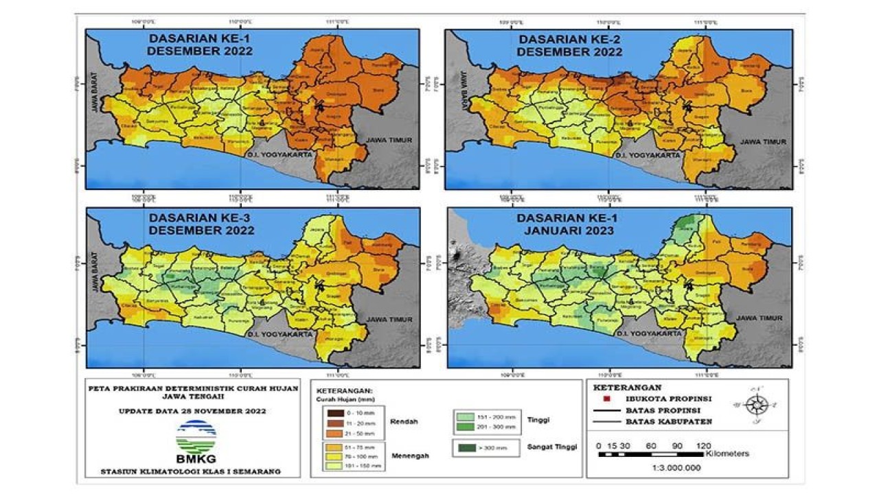 Peta prakiraan deterministik curah hujan bulan Desember 2022 di wilayah Jawa Tengah. ANTARA/HO-BMKG