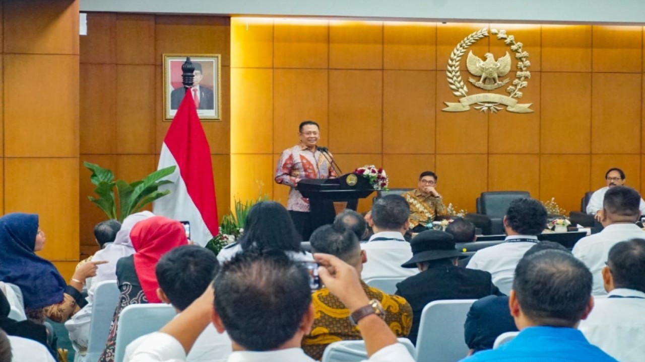 Ketua MPR RI sekaligus Kepala Badan Hubungan Penegakan Hukum, Pertahanan dan Keamanan KADIN Indonesia Bambang Soesatyo dalam Sosialisasi dan Diskusi Implementasi Empat Pilar MPR RI bagi Dunia Usaha yang diselenggarakan oleh MPR RI bekerjasama dengan Badan Hubungan Penegakan Hukum, Pertahanan dan Keamanan KADIN Indonesia, di Gedung MPR RI, Jakarta/Dok MPR