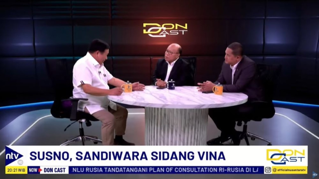 Mantan Kabareskrim Polri Komjen Pol Susno Duadji saat tampil sebagai bintang tamu dalam program DonCast di NusantaraTV yang dipandu jurnalis senior Don Bosco Selamun dan Donny de Keizer, Kamis, 25 Juli 2024.