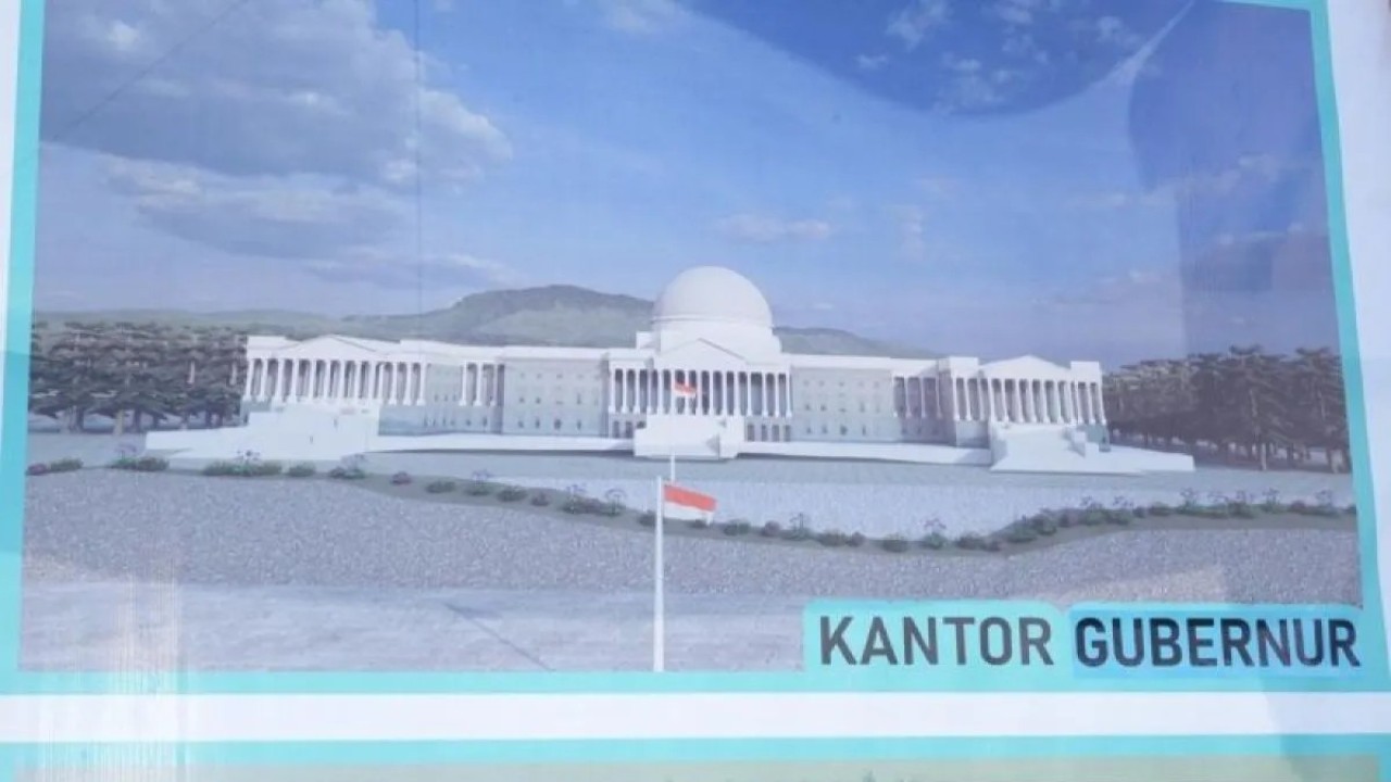 Gambar desain Kantor Gubernur Papua Pegunungan yang akan dibangun di lokasi KIPP Papua Pegunungan, kawasan Kebun Biologi Lembaga Ilmu Pengetahuan Indonesia (LIPI) Gunung Susu, Distrik Hubikosi, Kabupaten Jayawijaya, Papua Pegunungan, seluas 122,5 hektare. (Foto: ANTARA/Yudhi Efendi)