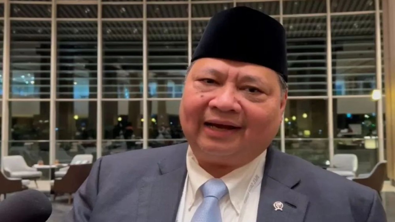 Menteri Koordinator Bidang Perekonomian Airlangga Hartarto menyampaikan pernyataan di sela KTT APEC 2025 di Kota Gyeongju, Provinsi Gyeongsang Utara, Korea Selatan, Jumat (31/10/2025). (Foto: ANTARA/HO-Pri)