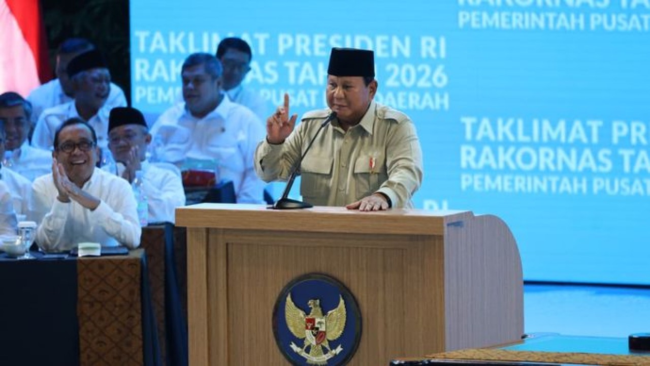 Presiden Prabowo Subianto pada Rapat Koordinasi Nasional (Rakornas) Pemerintah Pusat dan Daerah di Sentul, Kabupaten Bogor, Jawa Barat, pada Senin, 2 Februari 2026. (Sekertariat Kepresidenan)