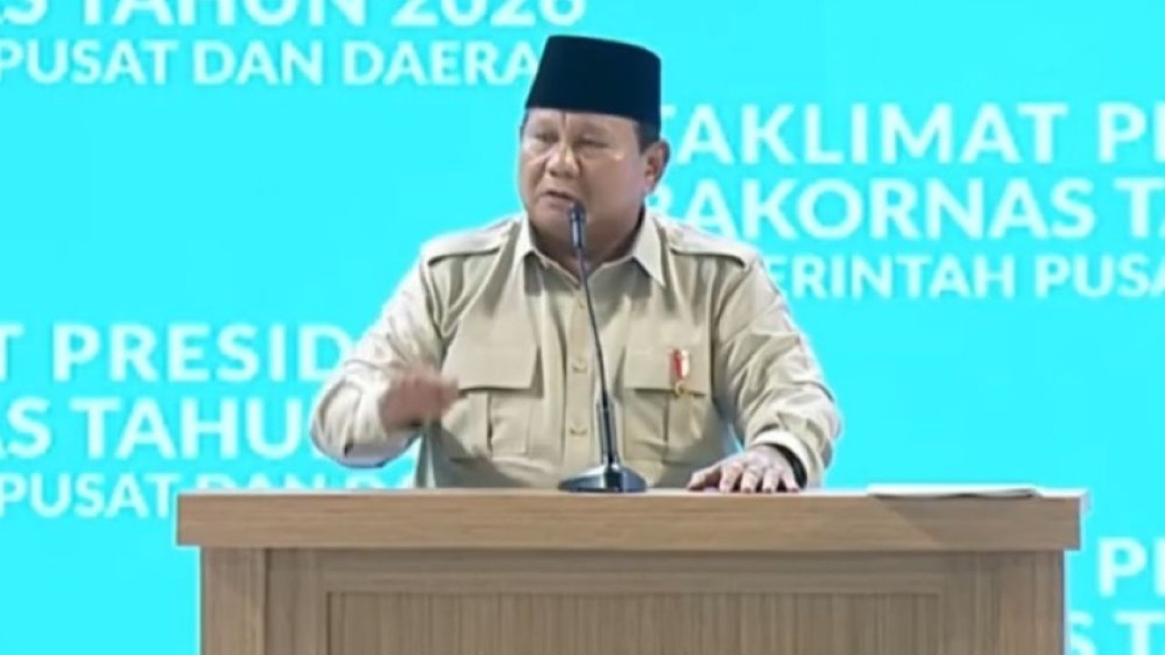 Presiden Prabowo Subianto saat memberikan taklimat dalam Rapat Koordinasi Nasional (Rakornas) Pemerintah Pusat dan Daerah 2026 di Sentul International Convention Center (SICC), Kabupaten Bogor, Jawa Barat, Senin (2/2/2026).