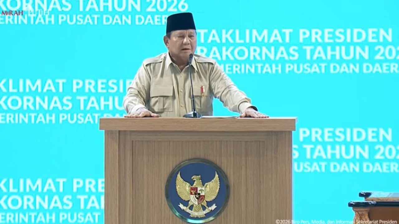 Presiden Prabowo Subianto saat memberikan taklimat dalam Rapat Koordinasi Nasional (Rakornas) Pemerintah Pusat dan Daerah 2026 di Sentul International Convention Center (SICC), Kabupaten Bogor, Jawa Barat, Senin (2/2/2026). (Foto: Tangkapan layar YouTube Sekretariat Presiden)