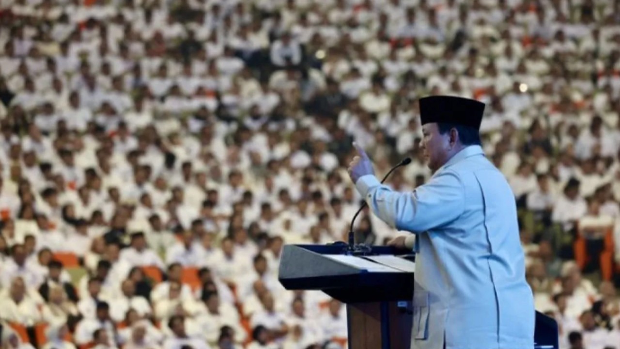Presiden Prabowo Subianto memberikan pidato pada acara konsolidasi nasional Program Makan Bergizi Gratis (MBG) yang diinisiasi oleh Badan Gizi Nasional (BGN) di SICC, Bogor, Jawa Barat, Rabu (3/6/2026). (ANTARA/HO-Tim Media Presiden Prabowo) (Antara)