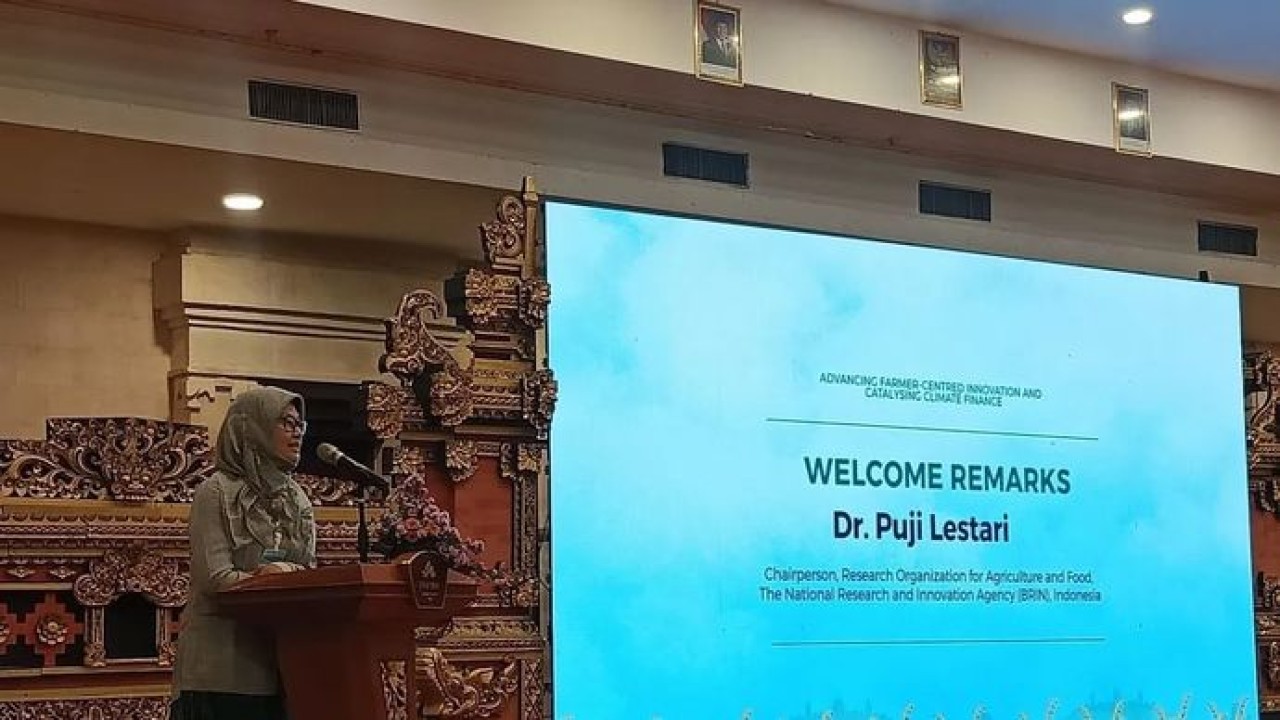 Kepala Organisasi Riset Pertanian dan Pangan BRIN Puji Lestari memberikan sambutan dalam acara pertukaran Pengetahuan tentang Teknologi Mutakhir untuk Sistem Padi dan Peternakan Rendah Emisi di Sanur, Denpasar, Bali, Rabu, 24 Juni 2026 (Antara)