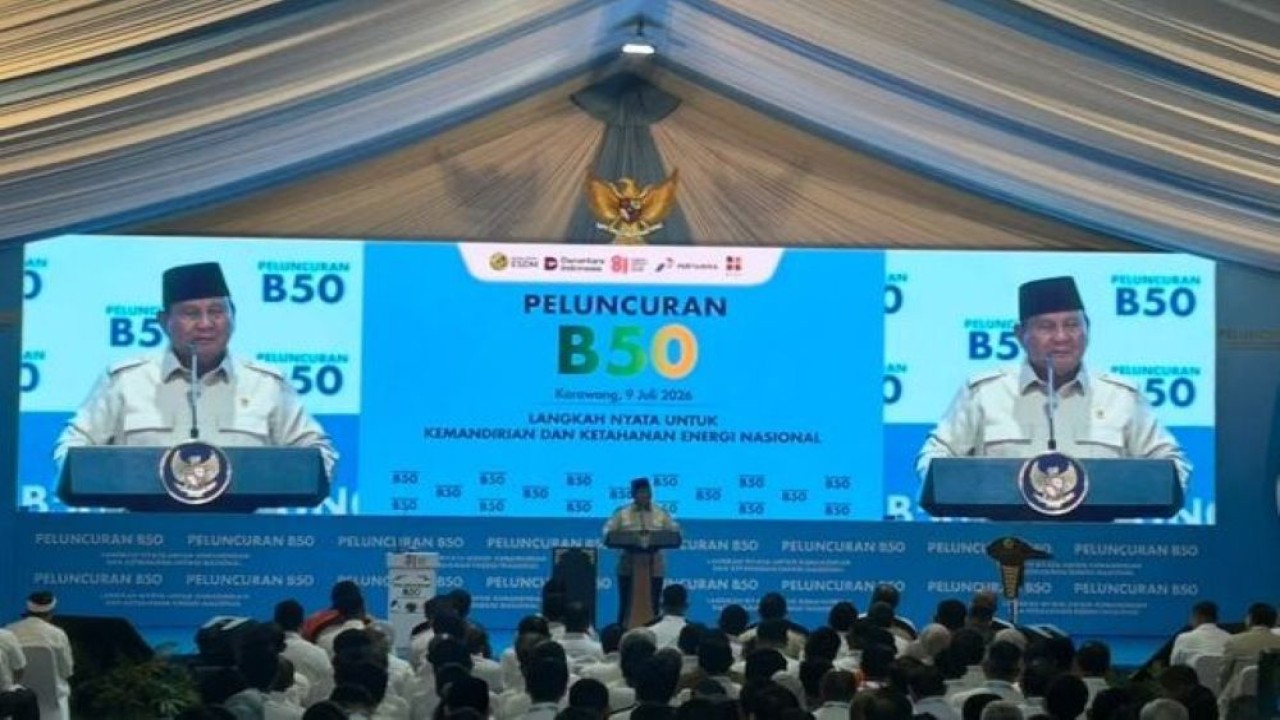 Presiden Prabowo Subianto resmi meluncurkan program mandatori biodiesel B50 di Rest Area KM 57, Karawang, Jawa Barat, Kamis, 9 Juli 2026. (Foto: NTVnews)