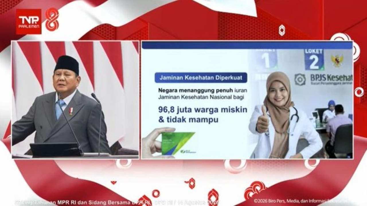 Presiden Prabowo Subianto saat pidato kenegaraan di DPD, DPR, MPR RI, Jumat, 14 Agustus 2026. (Foto: TV Parlemen)